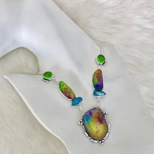 SOLAR QUARTZ , BIWA PEARL,PERIDOT NECKLACE, SILVER